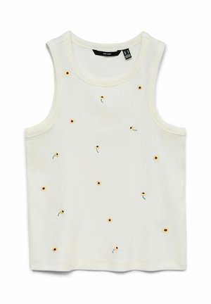 Hvid ærmeløs top med små gule blomstermotiver broderet spredt over forsiden, rund halsudskæring og ribbet kant.