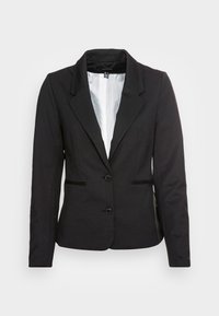 Veste noire à silhouette structurée, coupe droite à un seul boutonnage, deux boutons et poches latérales. Intérieur doublé avec un col classique.