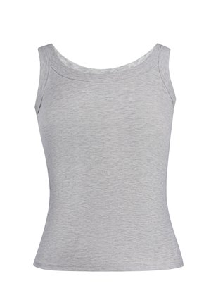Lysegrå ribbet ærmeløs tanktop med brede skulderstropper og rund halsudskæring.