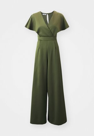 Olive green jumpsuit featuring a wrap V-neck, flutter sleeves, wide-leg design, and a fitted waist with pleats. Smooth fabric texture.