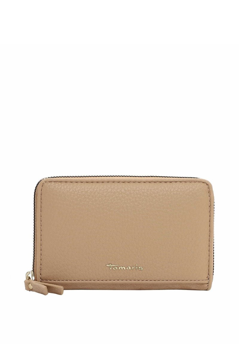 Beige leather wallet with a textured finish, zip closure, and gold-tone logo detail on the front. Rectangular shape. Smooth edges.