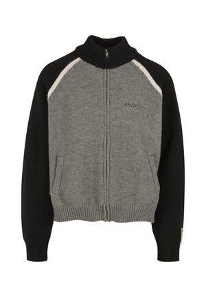 Grauer und schwarzer Reißverschluss-Pullover mit hohem Kragen, gerippten Bündchen und zwei Fronttaschen. Mit kontrastierenden weißen Schulterakzenten.