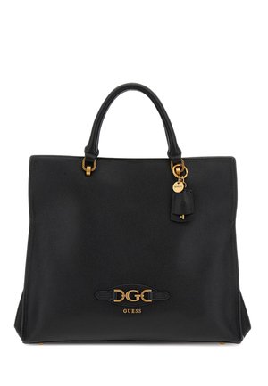Borsa tote in pelle nera con dettagli dorati, dotata di manici doppi, una targhetta marchiata e un'etichetta decorativa per un tocco in più.