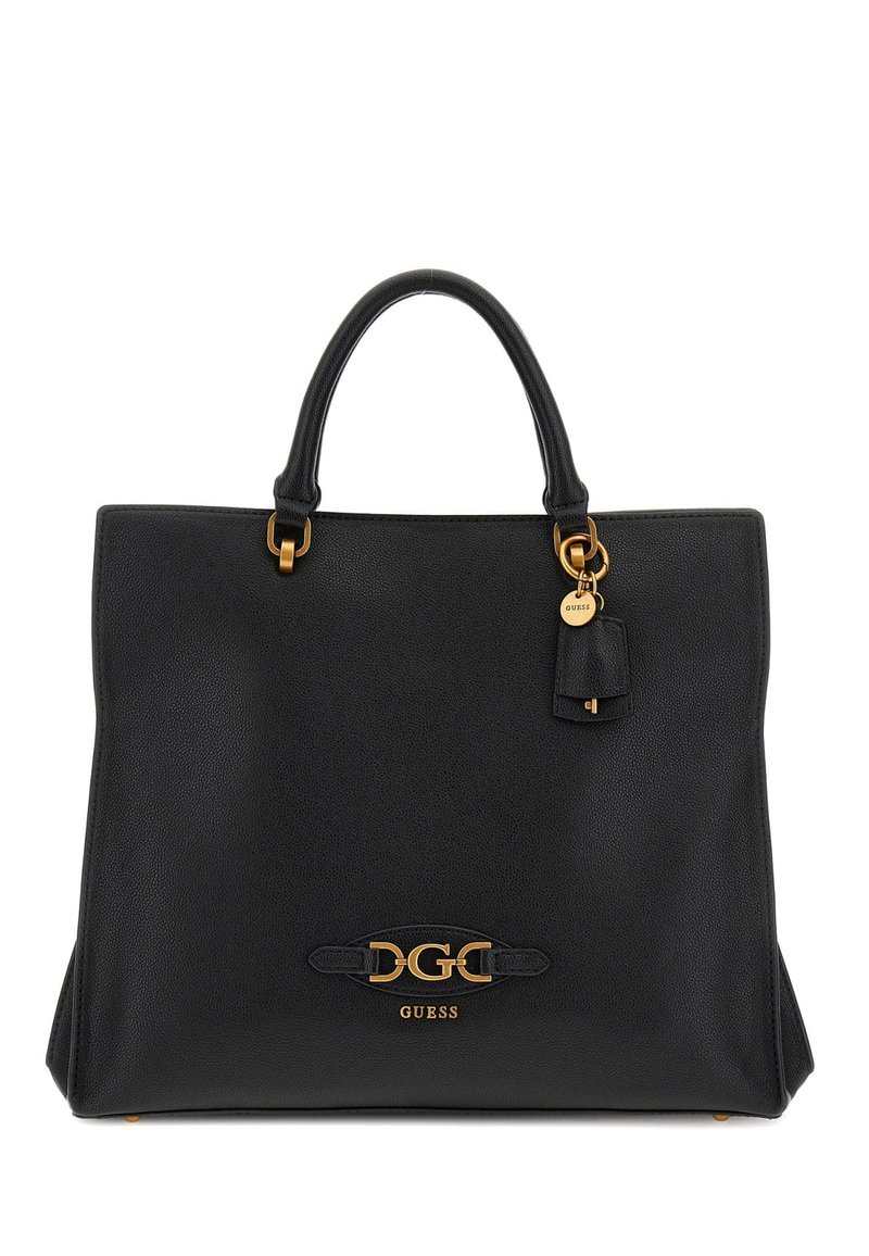 Borsa tote in pelle nera con dettagli dorati, dotata di manici doppi, una targhetta marchiata e un'etichetta decorativa per un tocco in più.