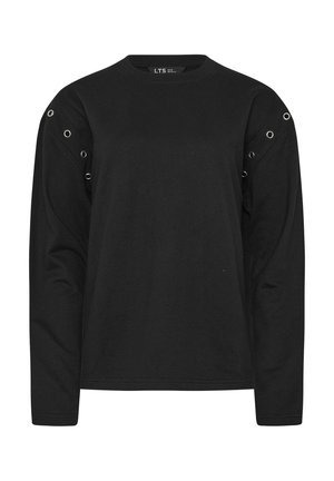 Czarna bluza z długim rękawem, okrągłym dekoltem i ozdobnymi srebrnymi oczkami wzdłuż górnej części rękawów na obu ramionach.