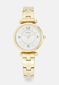 Goldfarbene Fossil-Uhr mit einem runden, weißen strukturierten Zifferblatt, arabischen Ziffern als Markierungen und einem verlinkten Armband. Verfügt über eine Krone an der Seite.