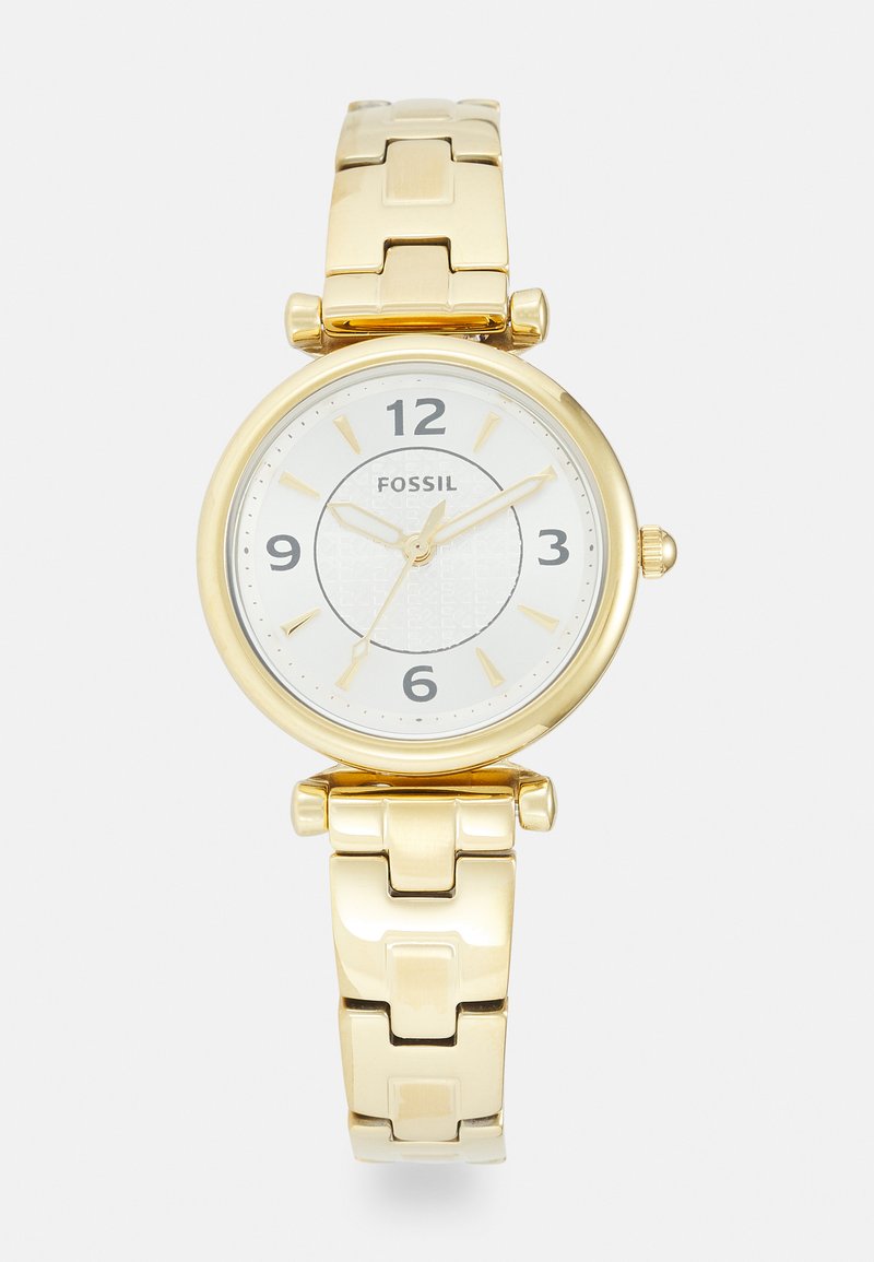 Goldfarbene Fossil-Uhr mit einem runden, weißen strukturierten Zifferblatt, arabischen Ziffern als Markierungen und einem verlinkten Armband. Verfügt über eine Krone an der Seite.