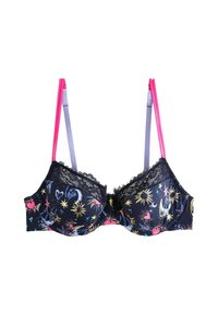 Sort bh med pinke og lilla dobbelte stropper, blondekant og farverige himmel- og hjerte mønstre over stoffet.