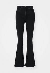 Svarta denim flare jeans med hög midja, med knapp- och dragkedjestängning, femficksdesign och en slät textur.