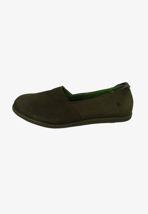Olive green slip-on shoe with a soft suede exterior and rounded toe, featuring a smooth, flexible sole and subtle branding detail.