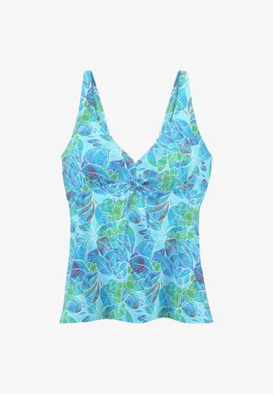 A blue tankini top featuring a tropical leaf pattern in varying shades of green and blue, with adjustable straps and gathered front detail.