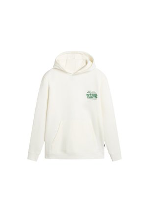 Felpa crema realizzata in tessuto morbido, con tasca frontale, cappuccio con cordoncino e grafica verde sul petto.