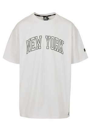 White short-sleeve t-shirt featuring "NEW YORK" in bold black lettering, made of cotton, with a relaxed fit and subtle logo on the sleeve.