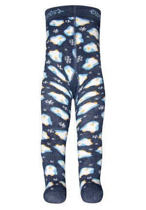 Navy blue patterned tights featuring penguins and snowflakes in white, light blue, and orange. Made from a soft, stretchy material.