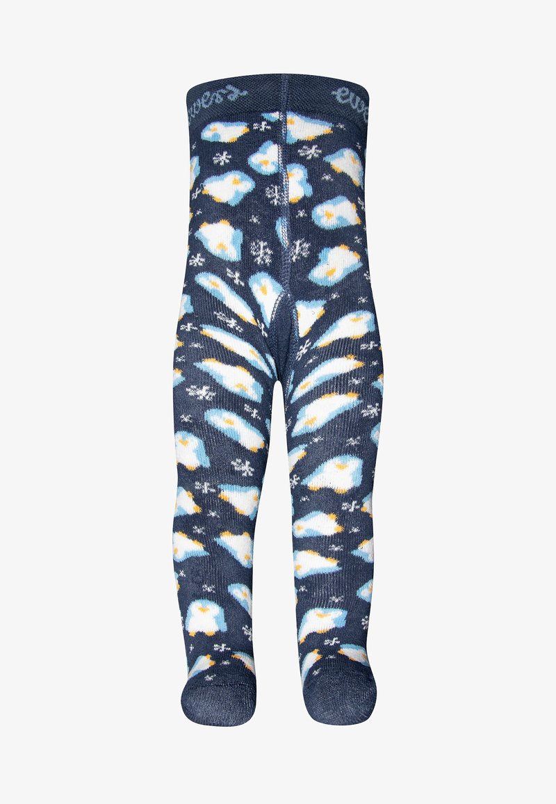 Navy blue patterned tights featuring penguins and snowflakes in white, light blue, and orange. Made from a soft, stretchy material.