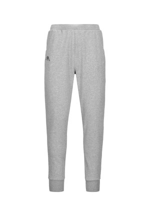 Pantaloni della tuta grigi realizzati in un tessuto morbido, con una vita elastica e polsini a costine. Dettaglio del logo discreto sulla coscia sinistra.