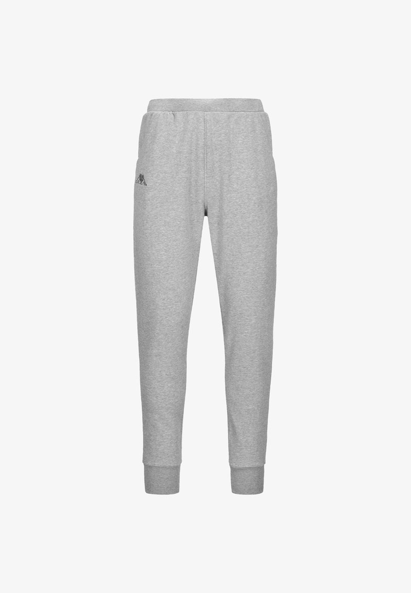 Pantaloni della tuta grigi realizzati in un tessuto morbido, con una vita elastica e polsini a costine. Dettaglio del logo discreto sulla coscia sinistra.