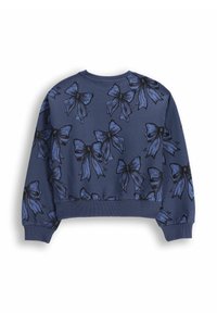 Niebieski krótki sweatshirt z kwiatowym wzorem dużych niebieskich kokard z tyłu. Miękka tkanina z ściągaczami przy mankietach i u dołu.