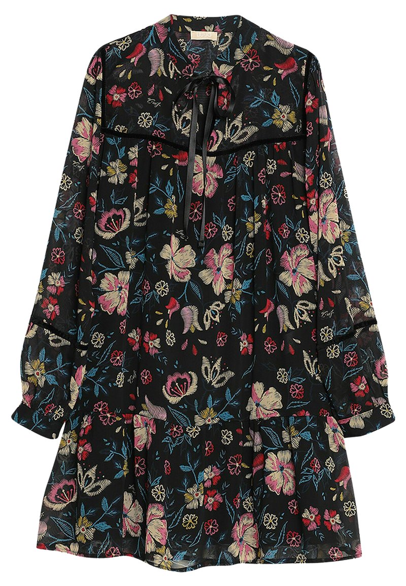 Vestido negro de manga larga con estampado floral multicolor, corte holgado, yugo fruncido y detalle de cuello atado.