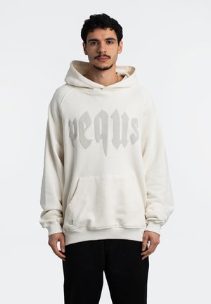 Sudadera de color crema con una gran impresión gráfica en gris, bolsillo canguro y puños acanalados. Tejido suave con un corte holgado.