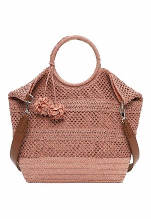 Rosa flettet mulepose med runde håndtag, fletstruktur, blomsterkvaster og aftagelig brun skulderrem.