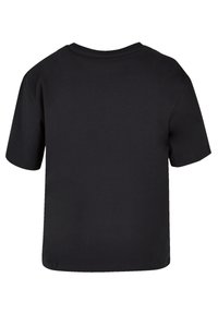 Black short-sleeved t-shirt with a crew neck, made of cotton. Smooth texture, straight cut, and no visible logos or patterns on the back.