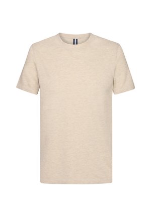 Beige short-sleeve t-shirt made of soft fabric with a round neckline and minimalistic design. Features subtle texture and no patterns.