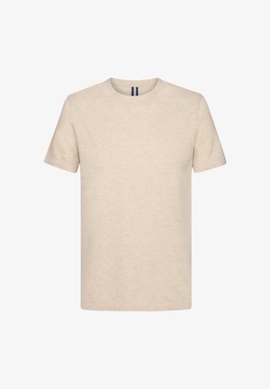 Beige T-Shirt mit kurzen Ärmeln aus weichem Stoff, runder Halsausschnitt und minimalistischem Design. Verfügt über eine subtile Textur und keine Muster.