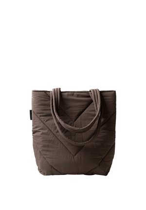 Sac fourre-tout matelassé marron avec des poignées rembourrées et un motif triangulaire cousu sur le devant.