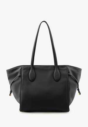 Sac cabas en cuir noir avec longues poignées, détails à cordon sur les côtés et finition à texture lisse.