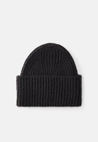 Black ribbed knit beanie with a folded cuff, featuring a textured pattern and a rounded top. Made of soft wool material.