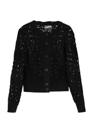 Schwarze gestrickte Strickjacke mit einem Spitzenmuster, geripptem Saum und Bündchen, runder Ausschnitt und sechs frontalen Knöpfen. Strukturierter Stoff und offenes Webdesign.