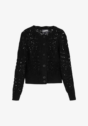 Schwarze gestrickte Strickjacke mit einem Spitzenmuster, geripptem Saum und Bündchen, runder Ausschnitt und sechs frontalen Knöpfen. Strukturierter Stoff und offenes Webdesign.