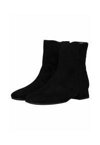 Bottines en suède noir avec un petit talon bloc, un bout pointu et une fermeture éclair sur le côté. Matériau texturé avec une finition lisse.