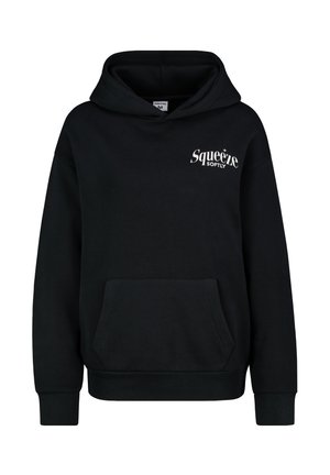 Black hoodie made from soft fabric, featuring a kangaroo pocket, ribbed cuffs, and a printed logo "Squeeze Softly" on the chest.