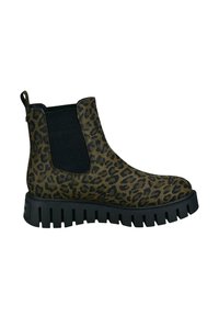 Chelsea-Stiefel mit Obermaterial im Leopardenmuster, elastischen Seitenpaneelen, Ziehschlaufe an der Ferse und dicke schwarze gerippte Sohle.