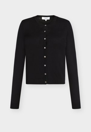 Cardigan noir à manches longues avec boutons, col rond et bords côtelés, présenté à plat sur un fond blanc.