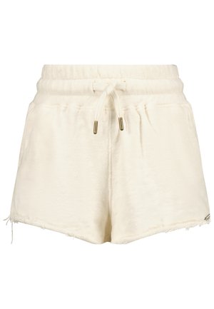 Kremfarvede bløde stofshorts med elastisk linning, snøre med metalender, sidelommer og frynsede kantkanter.