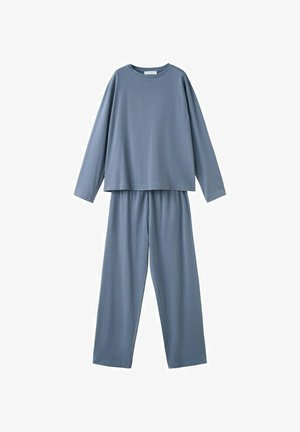 Soft blue long-sleeve top and matching loose-fit pants set made of lightweight fabric, shown flat against a white background.