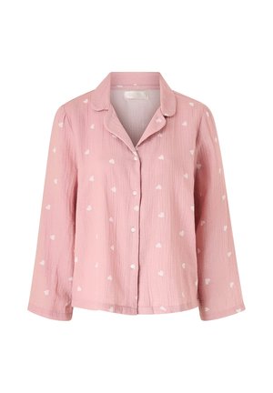 Roze overhemd met lange mouwen en knopen, bedrukt met kleine witte hartjes en gemaakt van een zachte, gestructureerde stof.