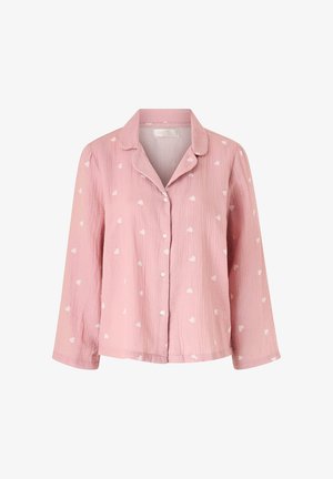 Roze overhemd met lange mouwen en knopen, bedrukt met kleine witte hartjes en gemaakt van een zachte, gestructureerde stof.