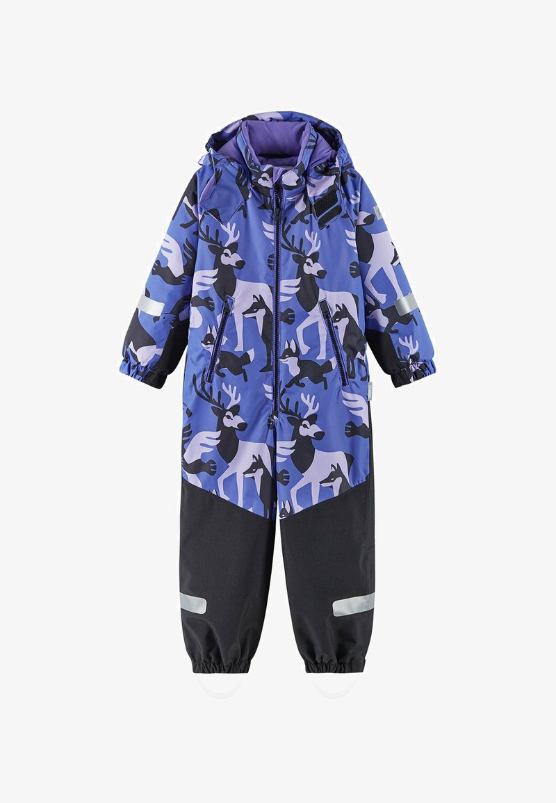 Wodoszczelny, jednoczęściowy kombinezon narciarski w kolorze niebieskim z wzorem renifera i liska. Posiada odblaskowe akcenty, elastyczne mankiety i kaptur.