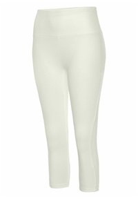 Vita, knälånga leggings gjorda av elastiskt material med resårmidja och slät yta; inga synliga mönster eller detaljer.