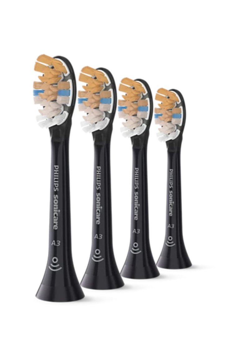 Philips Sonicare A3 tandenborstelkoppen, ontworpen met een zwarte plastic handgreep en meerkleurige borstelharen in blauw, wit en oranje segmenten.