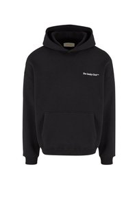 Black hoodie with a front pocket, drawstring hood, and "Slow Sunday Club" white text logo on the left chest. Soft cotton blend material.