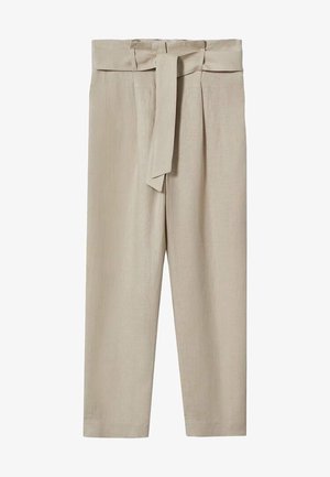 Pantalons en lin beige avec une taille large style paperbag et une ceinture à nouer. Jambes droites, texture lisse et détails de plis subtils.