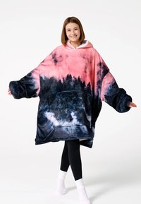 Nadmierne fleecové mikina s prikrývkou, s ružovo-čiernym vzorom tie-dye, prednou vreckou a príjemne mäkkou textúrou. S kapucňou.