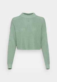 Kort, långärmad tröja i ljusgrön med en strukturerad stickad design och en ribbad, hög halsringning. Mjukt, andningsbart material.