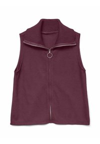 Burgundy ärmlös väst med en ribbad hög krage, framtida dragkedjestängning och en cirkulär dragkedjeöppnare. Mjuk tyg med en slät textur.