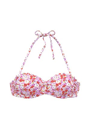 Floral bikini top with red, pink, and white flowers, halter neck ties in a bow, padded cups with ruched center detail.